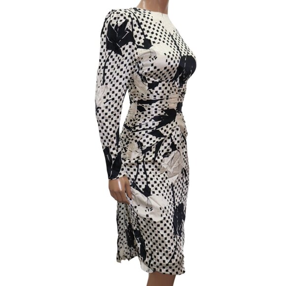 LESLIE RUBIN 50s Style Statement Black & White Floral Silk Midi Dress 4 - Picture 8 of 14
